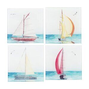 Ganz Sailboat Coaster Set with Holder, Glass and Wood Set of 4 NEW